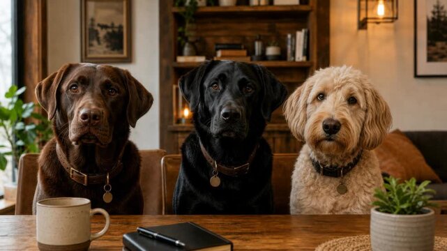 Three attentive dogs sitting indoors at a wooden table with coffee mug and notebook in cozy living room