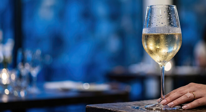 Sparkling white wine glass in dim restaurant setting