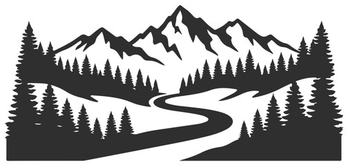 Mountain landscape with pine forest and winding road silhouette © sefatahmed