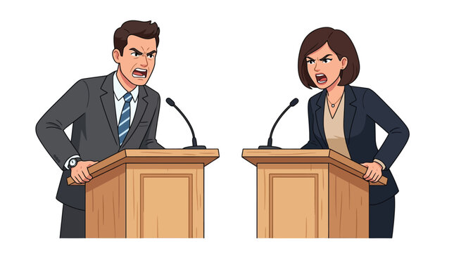 Angry man and woman in professional suits shouting during a heated political debate contest vector graphic illustration with plain background