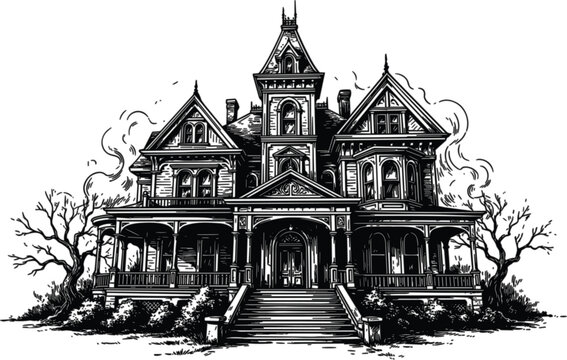 Haunted Victorian mansion, spooky gothic horror house vintage engraved vector illustration isolated Halloween architecture design