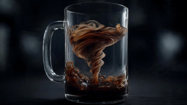 Powerful whirlwind vortex of coffee swirling inside a transparent glass mug