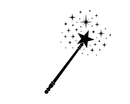Magic wand vector icon with star and sparkles, black silhouette fairy wand with magical dust, wizard stick graphic for fantasy design