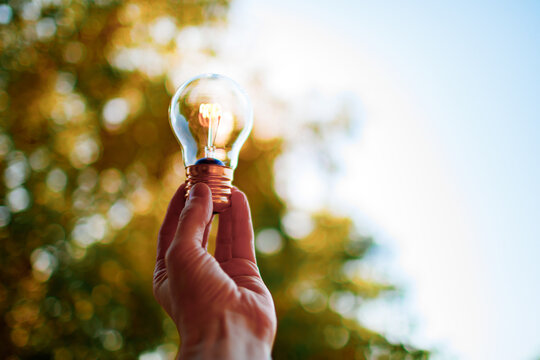 Hand Holding Glowing Vintage Filament Light Bulb Outdoors Against Green Nature for Solar Energy Concept