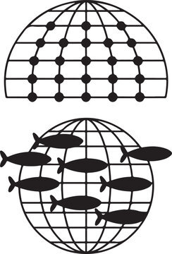 Fishing net and global overfishing icon set with black silhouettes of a net dome and fish swimming around a grid globe isolated on white background.
