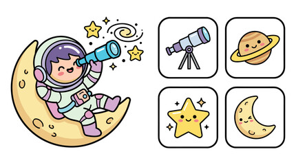 Cute astronaut sitting on crescent moon using telescope with space icons set including stars planet and galaxy vector. © JAHIDUL STOCK