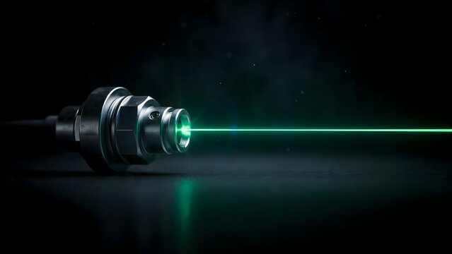 Close-up of green laser beam emitted from advanced handheld laser device against dark background