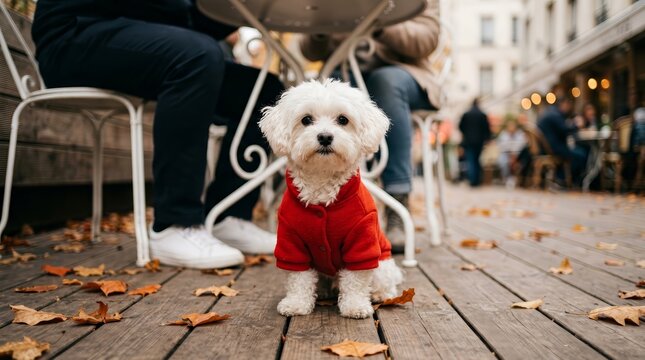 A tiny white dog in red clothing sitting on the ground under a table next to owners at a street cafe.