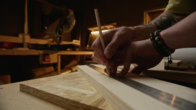 Caucasian young adult male carpenter drawing line on wooden plank using pencil and metal ruler in workshop. Clip is perfect for carpentry business promotions, DIY tutorials, and craftsmanship ads