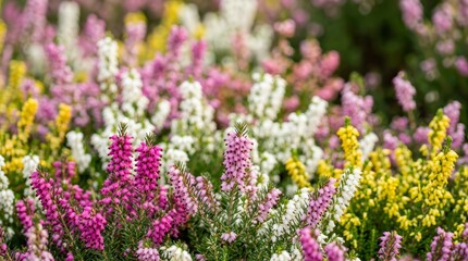 Obraz premium A field of multicolored blooming erica flowers and evergreen heathers.