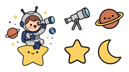 Astronaut boy looking through a telescope at planets and stars, cute flat vector character in space. © JAHIDUL STOCK