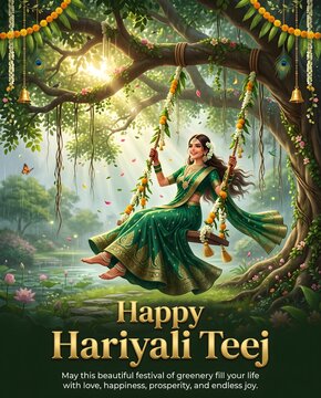 Happy hariyali teej celebration with woman in traditional indian green saree swing