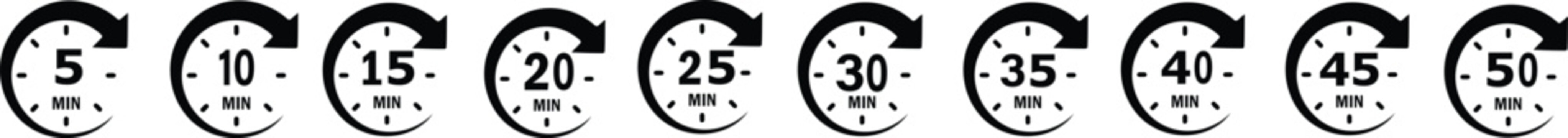 Timer, clock, stopwatch isolated set icons. Countdown timer symbol icon set. Label cooking time. Vector illustration.Set of analog clocks for every hour icon.Stopwatch icon from 1 to 60 minute timer