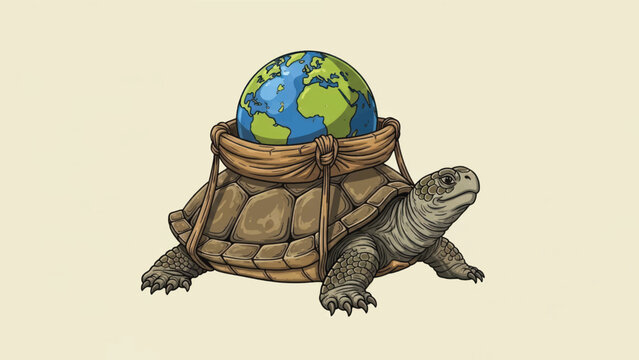 World on a Tortoise's Back: A symbolic illustration of a tortoise carrying the planet Earth on its shell, suggesting slow progress or the heavy burden of the world.