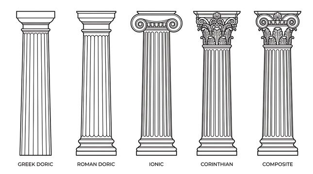 Five classical architectural columns line greek doric roman doric ionic corinthian composite architecture