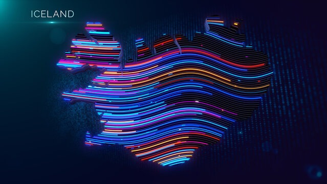 Futuristic Iceland map featuring luminous flowing contour lines, digital particle grid, cinematic depth of field, vibrant lighting, and clean country title for technology themed visuals.
