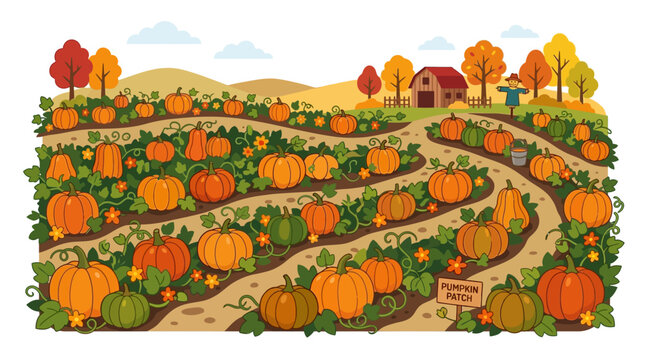 Pumpkin patch with many orange pumpkins, a barn, scarecrow, and autumn trees under a blue sky, illustrating a seasonal farm scene.