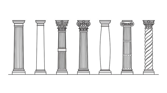 Seven distinct architectural columns in black and white line architecture classical ionic doric