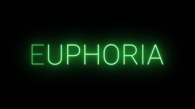 Flickering neon green glowing euphoria sign animated black background.