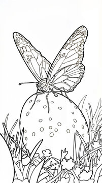 Easter egg, butterfly coloring page, springtime illustration, religious holiday art, Christian symbolism, egg decoration, nature scene, hand-drawn line art, printable coloring sheet, festive drawing, 