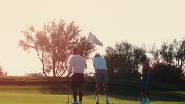 Three golfers read and roll putts on a backlit green, lens flare glowing at sunset in slow motion. A relaxed finishing-hole scene for resort and travel pieces.