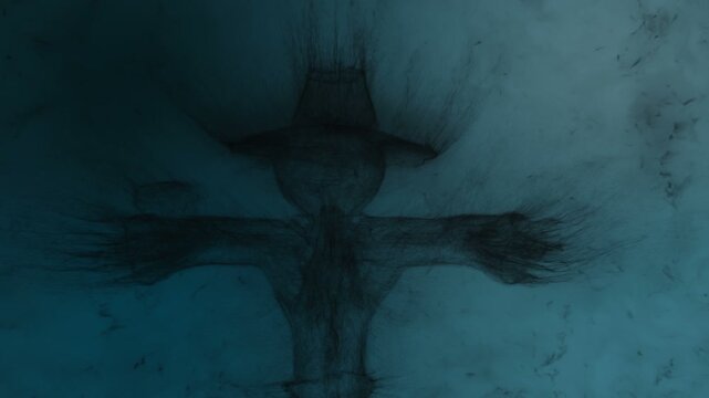 Concept animation of a scarecrow with crows in a dark realm. 3d animation built from particles