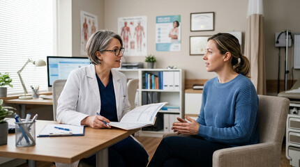 Fototapeta premium Doctor and patient discussing medical results in a brightly lit examination room.