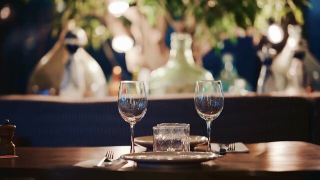 Wine Glasses on a Table in a Restaurant Setting with Blurred Background Featuring Dining, Elegant, Sophisticated with Dinner