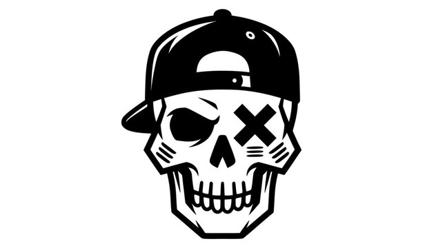 Bold black and white vector illustration of skull wearing baseball cap.