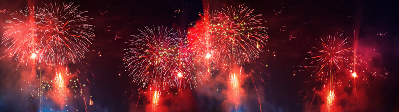 Silvester 2027 New year New Year's Eve Party, new years eve background banner panorama long- red firework fireworks on rustic dark blue night sky texture