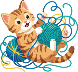 Playful tabby kitten tangled in yarn, cute cartoon cat playing with wool balls, vector pet illustration for children design isolated on White Background