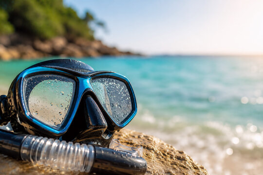 Taucherbrille und Schnorchel am tropischen Strand mit t&uuml;rkisfarbenem Meer