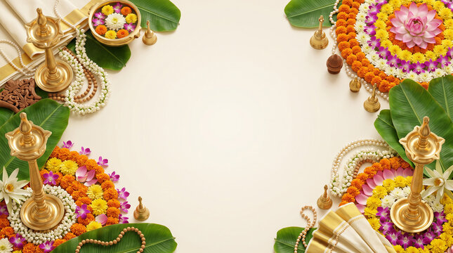 Onam, Pongal festive South Indian invitation banner flyer background with brass nilavilakku lamp, pookalam floral arrangement, urli bowl, banana leaves, traditional harvest decor and copy space illust