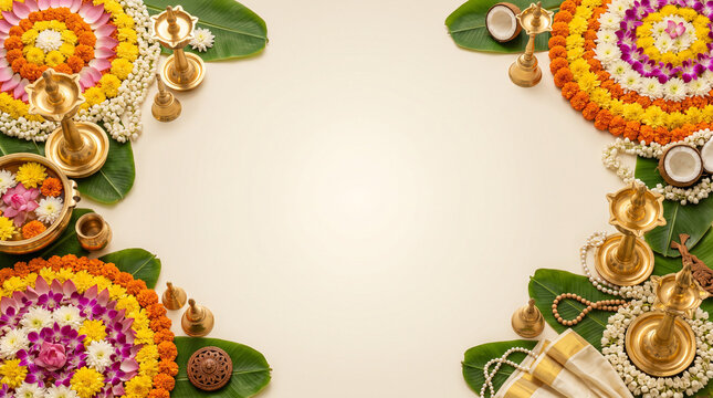 Onam, Pongal authentic South Indian harvest festival banner flyer invitation background with brass nilavilakku, pookalam, banana leaves, urli bowl, kasavu textile and copy space illustration