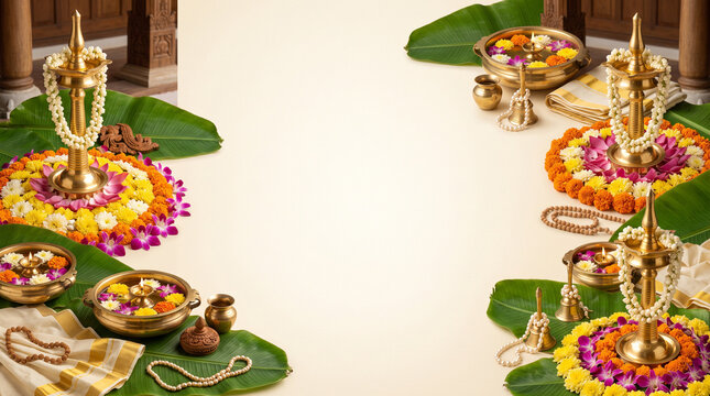 Onam, Pongal elegant South Indian celebration banner flyer background with brass nilavilakku lamp, pookalam floral design, banana leaves, traditional decor and copy space illustration