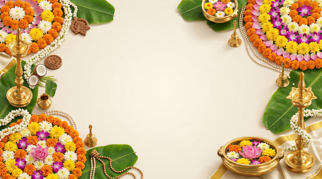 Onam, Pongal luxury South Indian festival banner flyer invitation background featuring brass nilavilakku lamp, pookalam flowers, banana leaves, urli, kasavu fabric and copy space illustration