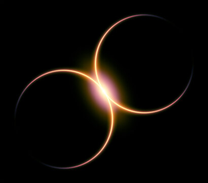 Two interlinked glowing golden neon rings with bright central solar flare on black background
