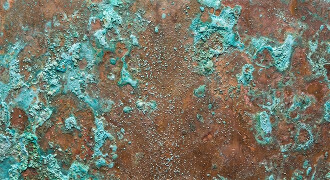 Turquoise verdigris patina on aged copper surface