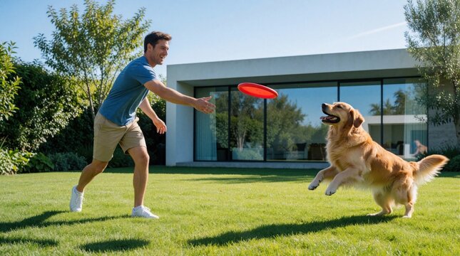 Young man plays frisbee with golden retriever dog in green backyard. Guy throws plastic disc to excited pet on lawn near modern house. Male owner trains happy canine outdoors in sunny summer day.
