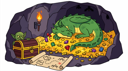 Sleeping Green Dragon on Gold Coins and Jewels in Cave, Goblin Peeking from Treasure Chest with Map, Torchlight Illuminating Hoard, Fantasy Illustration © Yuni