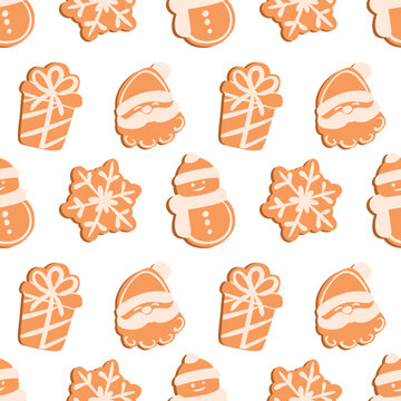 Christmas gingerbread cookies seamless pattern vector illustration with Santa Claus, snowman, gift box, and snowflake decoration. for gift wrapping paper, fabric print, bakery packaging, wallpaper