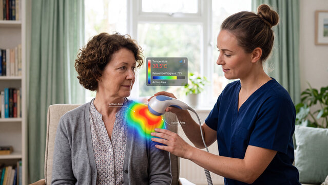 Healthcare professional treating senior woman's shoulder with therapy device, showing digital progress.