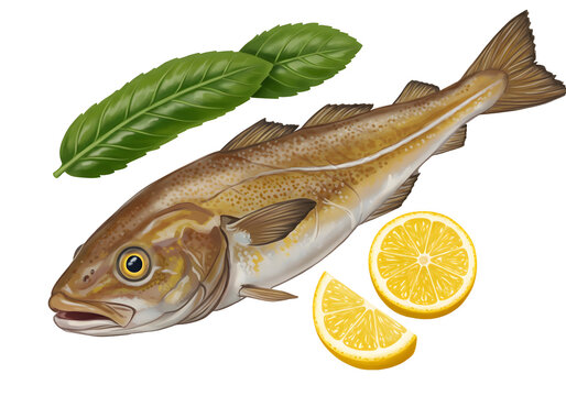 vintage illustration of raw whole haddock fish with lemon and leaves