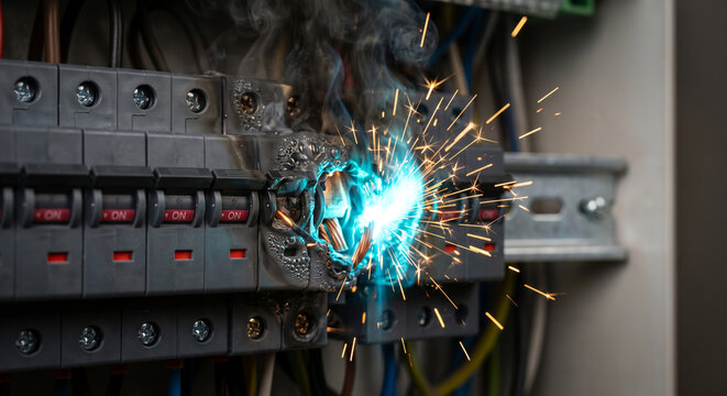 Electrical breaker panel with sparking and burning components.