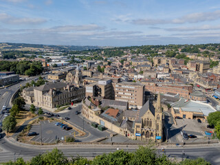 Dewsbury town centre aerial view showing the historic urban centre, commercial buildings and surrounding streets in West Yorkshire, England. © Chris Chambers