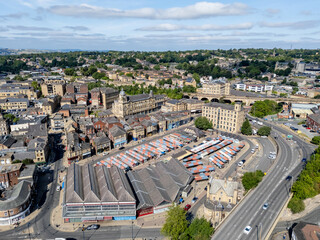 Dewsbury town centre aerial view showing the historic urban centre, commercial buildings and surrounding streets in West Yorkshire, England. © Chris Chambers