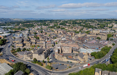 Dewsbury town centre aerial view showing the historic urban centre, commercial buildings and surrounding streets in West Yorkshire, England. © Chris Chambers