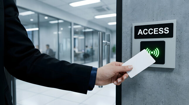 Professional in dark suit presenting white access card to wall-mounted reader with glowing green signal in modern office corridor with glass doors and blurred figures in background