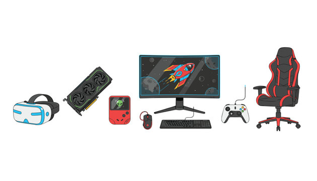 Gaming setup elements including a VR headset graphics card handheld console monitor keyboard mouse controller and a gaming chair.
