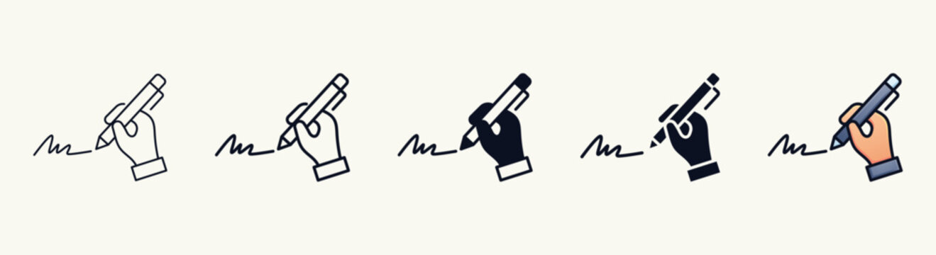 Hand Signing with Pen Outline and Color Illustration Set